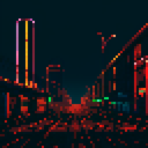 Glowing neon signs, towering smokestacks, dilapidated factories, rusty metal structures, grungy alleyways, flickering streetlights, pixelated cityscape