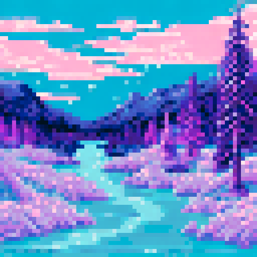 billowing northern lights reflected in a frozen river between high mountains over icy tundra and pines neon blue and pink with dark colors too