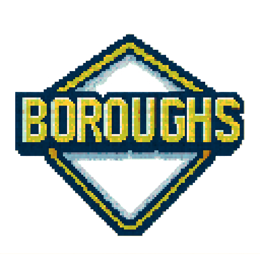 Pixel art of a fictional baseball team called the Boroughs. It is a reference to NY. Just showcase the text over a pentagon. Light gray, dark blue and dark yellow, sharp outlines, and soft pixel shading. The logo design mimics 80s MLB logos. Use a vibrant Sega Genesis 16-bit style with selective dithering, geometric forms, and nostalgic retro charm. Avoid modern gradients—keep it pure pixel art.