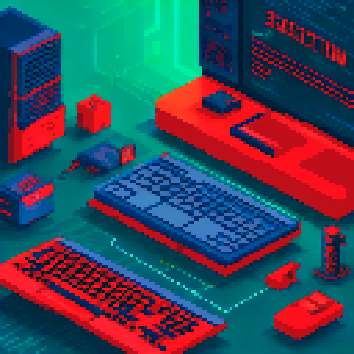 hacker, black hat, red-themed, pixel art, sRGB, server room, data center, cables, routers, switches, background, landscape