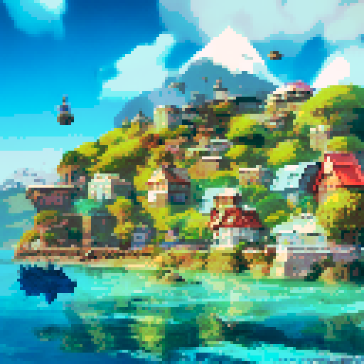 a retro futuristic city, by the ocean, at day time, with a mountain behind the city. there are wind turbines on the mountain. 