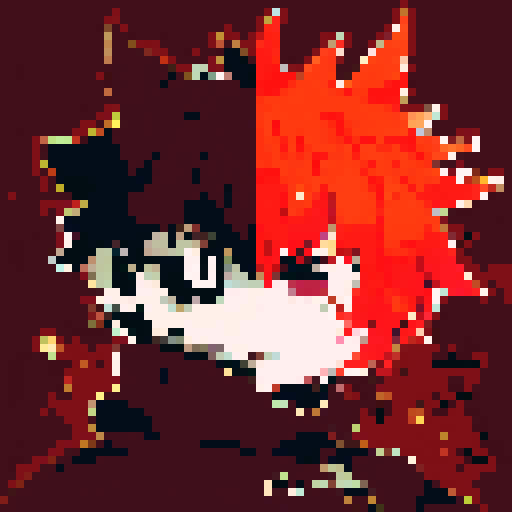 Demon slayer wielding a glowing sword, with fiery eyes and spiky hair, against a dark, pixelated background, in a character portrait close-up rendered in anime style.