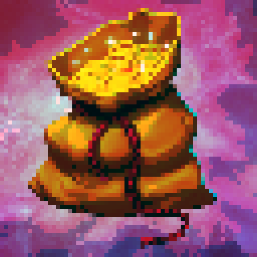 A bulging sack of golden coins, its rich, velvety fabric cinched with a crimson rope, overflowing with shimmering treasure. Each coin gleams with a warm, enchanted glow, catching the light with a touch of magic. Rendered in a vibrant, fantasy-inspired digital painting, set against a swirling cosmic backdrop,   as a 32x32 pixel game icon, rendered with skillful pixel art in sRGB colors
