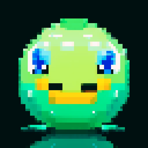 A sparkling, semi-transparent slime with a crystalline structure. It has shimmering facets, bright eyes, and a cheerful smile, with light reflecting inside. No background.
