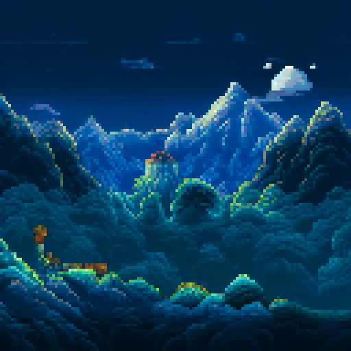 Three, towering snow-covered peaks, illuminated by a full moon, loom over a serene, pine tree-filled valley in a pixel art style reminiscent of classic RPG landscapes