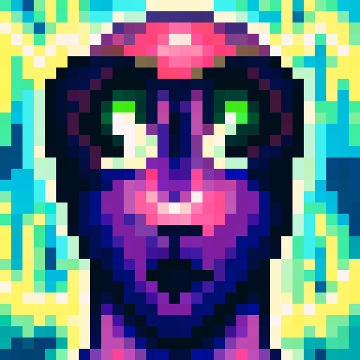 Psychosis, distorted facial features, vibrant colors, pixelated details, sRGB palette, close-up shot, skill art, intense gaze, game icon, 32x32 pixel art, close-up portrait