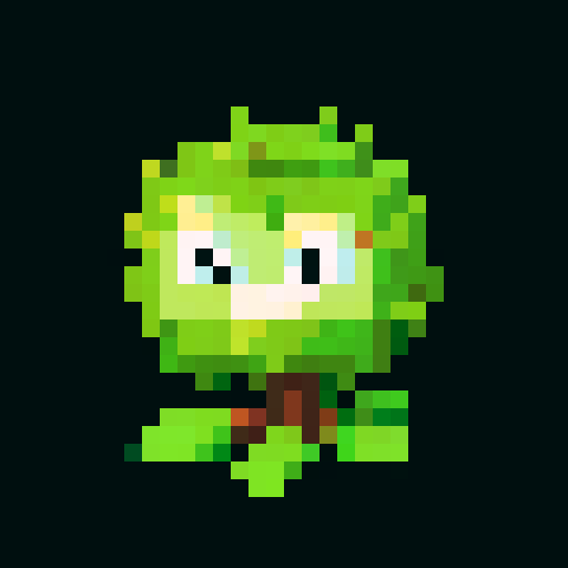 A small, young tree-like creature with tender green leaves sprouting from its branches. It has a slender trunk with light brown bark and a pair of bright, curious eyes. The sapling has a gentle, hopeful expression and stands firmly on its roots. No background.
