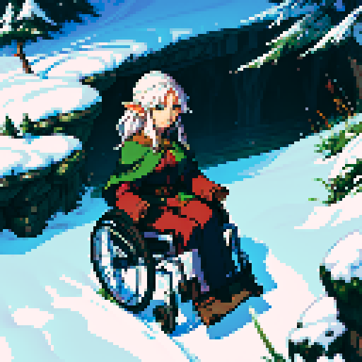 Winter, a pixel art sRGB image featuring a wheelchair-bound elf casting magical spells
