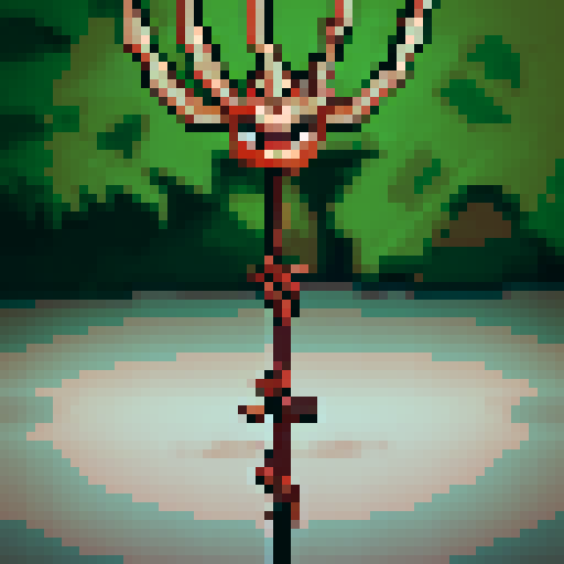 fleshy, thorny iron crown, tuning forks for hands and feet, hovering above ground, sRGB, pixel art
