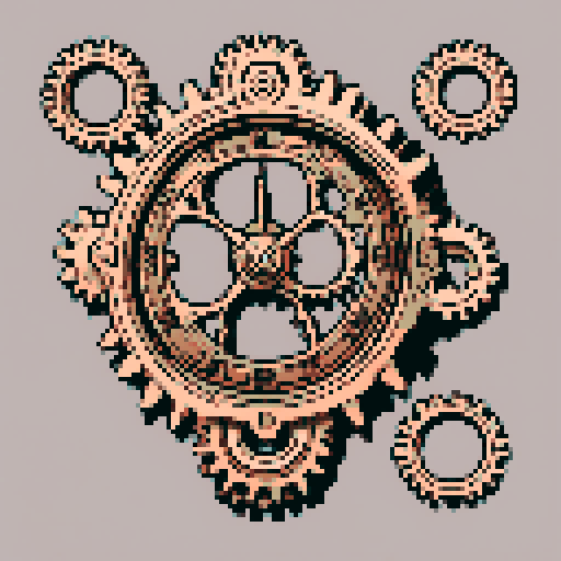 I want a copper gear that looks like it was made by a master clockmaker. It should have strange mechanical details that could interlock with each other. I also want this object usable an asset in a videogame, meaning only one object per image, outlined with a strong black stroke, on a solid-color background.