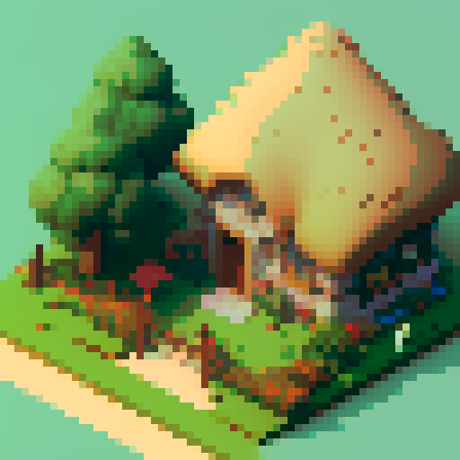 Here's a pixel art prompt for an isometric front view of a rustic wooden cottage for a game asset:

---

Draw a pixel art scene of a small rustic wooden cottage with a cozy chimney on the roof, emitting a gentle trail of smoke. The house should have a welcoming, lived-in appearance with a rough-hewn wooden structure and a thatched or shingled roof. Include a few small front windows with soft warm light glowing from within, a wooden door, and maybe a small porch. Add subtle details, like a stone 