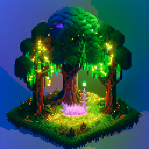 Glowing vines, pulsating with energy, wrap around a towering, gnarled tree with sparkling leaves, guarded by ethereal spirits wielding crackling lightning bolts in a pixel art landscape, with a background pulsing in sRGB hues