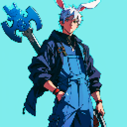 A character, who is a rabbit man, in blue coveralls carrying a giant wrench