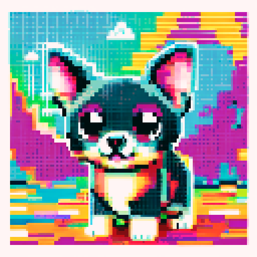 chihuahua, pixel art, sRGB, tiny, vibrant, playful, expressive, big eyes, floppy ears, wagging tail, textured fur, small paws, bold outlines, low resolution, retro, digital, 8-bit, limited color palette