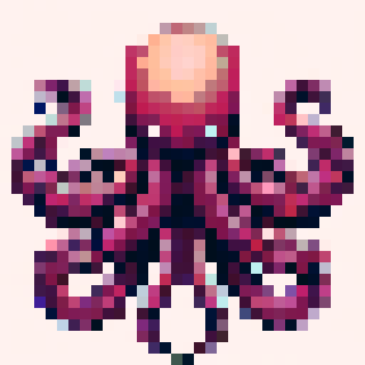 "Pixel art of a kraken with a retro, arcade-style aesthetic. The tentacles are symmetrical or wavy, with a blocky 8-bit style. Include a minimal background, such as plain white. The design evokes the feel of classic Space Invaders or retro video game creatures."