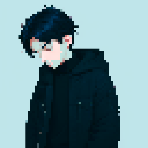 The design should include the following details:
Appearance:
Gender: Male
Age: Young adult
Hair: Near-black deep blue, styled in a way that suggests a cold or icy theme, perhaps with a few strands of hair falling over his forehead.
Eyes: Icy blue, half-closed, giving a calm and introspective expression.
Clothing:
Outfit: Pure black, elegant yet slightly worn and tattered to reflect a long journey. Consider el