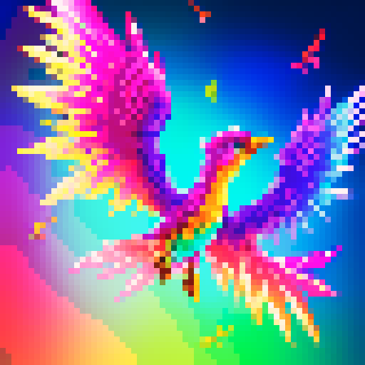 terraria wings, vibrant colors, pixelated feathers, translucent glow, graceful flight, intricate details, shimmering scales, fantastical creatures, pixel art, sRGB, from pink to gold