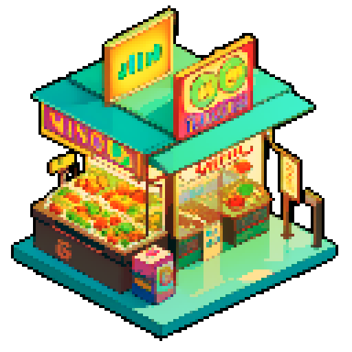 Isometric food stall, retro-futuristic style. Large neon sign on top that says “DURIAN”. Has a large durian fruit on top of the stall. Set at night. 