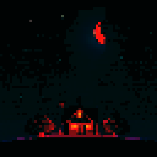 The House That Shouldn't Be There, A neighborhood at night,  mysterious silhouette, eerie moonlight, towering presence, hauntingly vibrant colors, intricate details, nostalgic pixel art