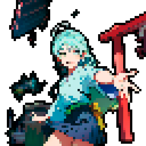 Name: Maihara Fuuka
Age: Around 20
Hair: cyan long hair, vivid eyes with a smile.  
Eyes: winking, expressing cute and some kind of tricking.
Clothing: wearing skirt.
Pose: Only one hand shaking to you, smiling, and the other hand is putting behind back. Seems like verying welcoming. Stooping slightly.
Other Details: You can imagine this character as a high school girl appearing in Japanese animtion. Pay attention that no extra Japanese elements are needed. Clear facial expression