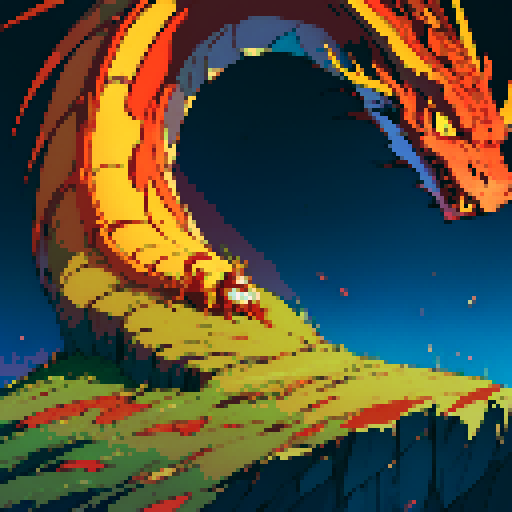 fire dragon with shimmering red scales, hoard of gold coins glimmering in the background, dragon leisurely lounging on top of a massive pile of gold coins, dragon's majestic form taking up the full canvas with intricate pixel art details in a vibrant sRGB color palette, cavern backdrop, cavern background
