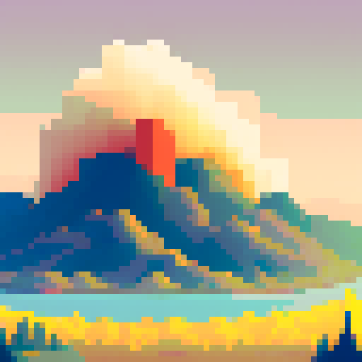 A beautiful landscape scene of a volcano erupting, volcanic ash sprinkling a city below, pixelated, retro graphics, landscape portrait