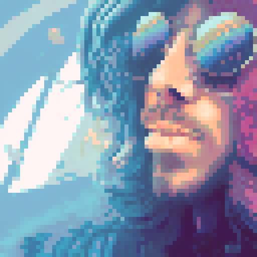 long-haired, eccentric, artistic man with vibrant, neon-colored locks, wearing retro, round sunglasses, against a pixelated, sRGB background depicting a surreal, dreamlike landscape