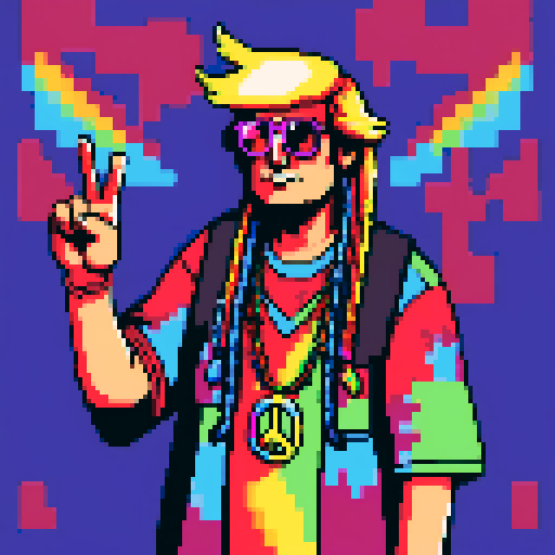 donald trump, tye dye shirt with peace sign, dreadlocks and sunglasses, pixel art, sRGB