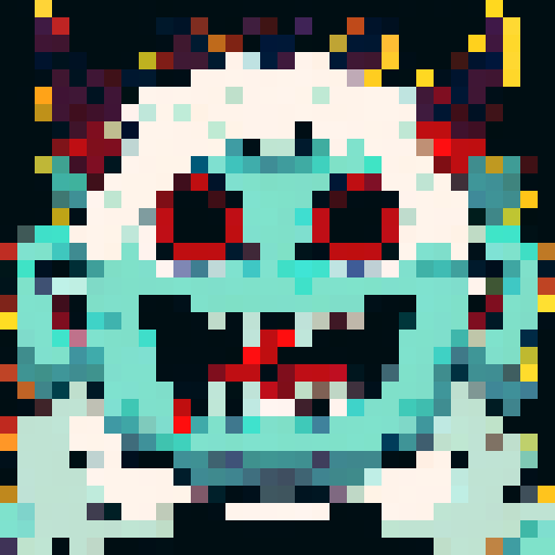 demon monster head with teal skin and fiery eyes, large mouth, ugly teeth, close up character portrait, anime style, pixel art