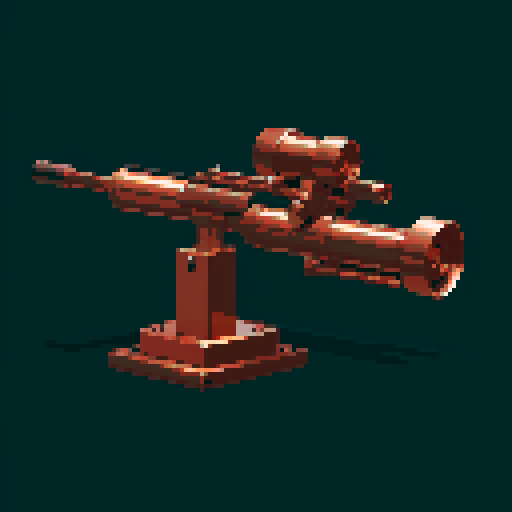 I want a copper rotary machine gun viewed from from the side. I want this object usable an asset in a videogame, meaning only one object per image, outlined with a strong black stroke, on a solid-color background.