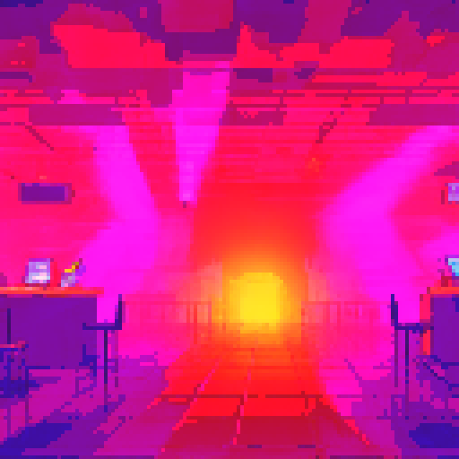 night club, DJ booth, pixel art, sRGB, big room, crowded foreground, platform along bottom, dark dramatic lighting, club lighting, background landscape