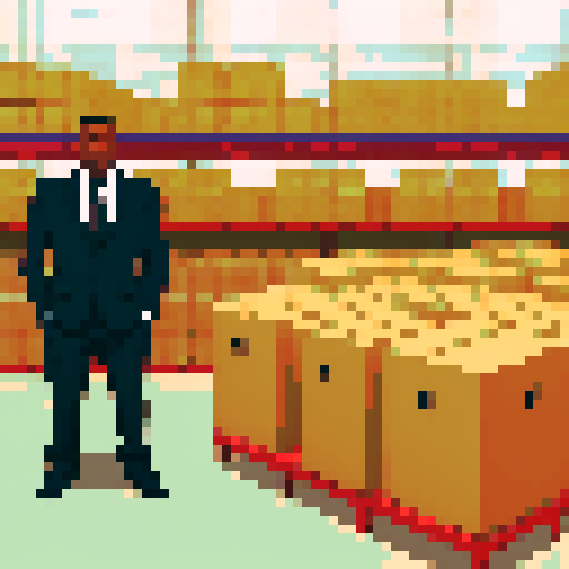 African wholesale featuring a black man in a suit, with an empty shelf in the foreground that could fit boxes
