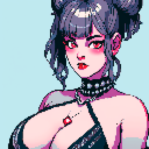busty thicc goth babe, studded collar, red lipstick, goth makeup, buns, large breasts, low-cut black studded halter top, posing for pixel art portrait, sRGB style