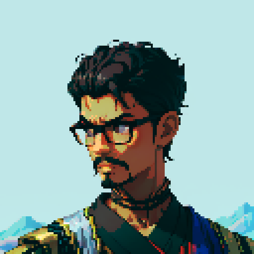 Southeast Asian man, short curly hair, round glasses, tanned, goatee, diamond shaped face, black eyes, wearing a robe