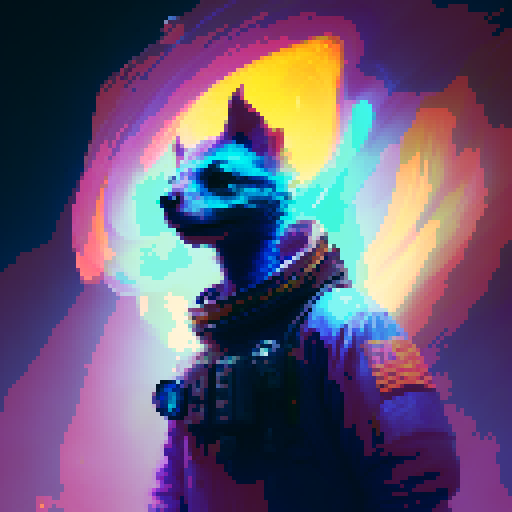 "Create a 3D image featuring a small, nerdy character standing in front of a bright and colorful cosmic background, highlighted by neon lights."