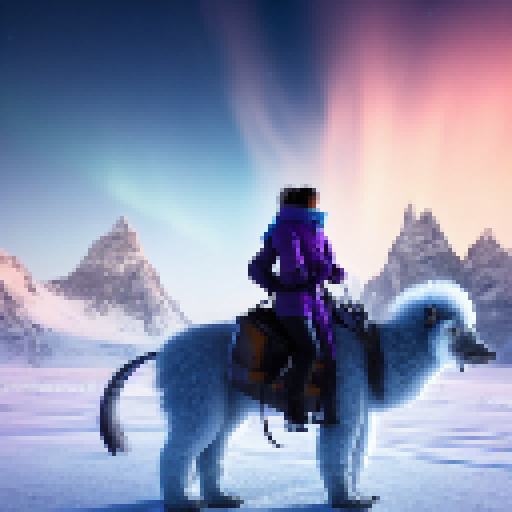 Nerdy woman, bundled in a puffy coat, braves the frozen tundra on a fantastical yeti steed, exploring a mysterious sci-fi world with otherworldly ice sculptures and a mystical aurora borealis painting the sky.