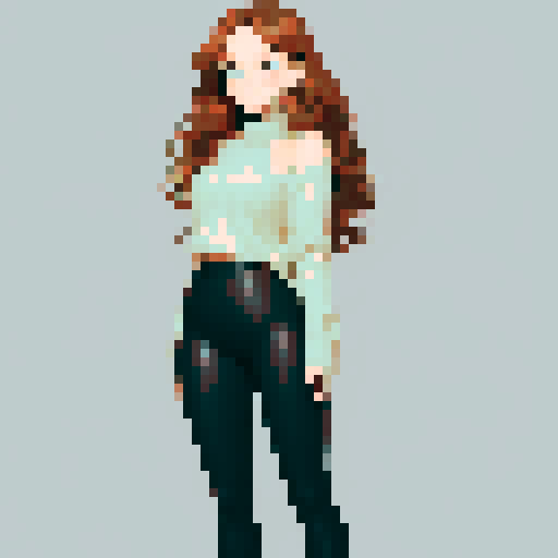 woman with fair skin and a gentle blush on her cheeks, giving her a fresh and vibrant look. Her thick, wavy hair is medium-length and chestnut-colored with golden highlights that glimmer in the sunlight. She has large, moss-green eyes framed by long lashes, exuding curiosity and liveliness. Today, she wears a light gray sweater that hugs her shoulders and falls slightly below her hips, paired with black leggings that highlight her slim figure.