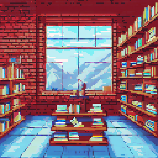 Bookstore, cozy, with shelves overflowing with books, pixelated book covers, creating a charming, sRGB, 2d pixel art scene