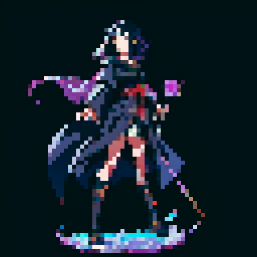 legendary anime girl wizard, floating above the ground, long flowing hair, dark and emo colors, glowing magical staff, intricate and ornate robes, intense and focused expression looking to the right, not wearing shoes, sparkling and shimmering background, sRGB