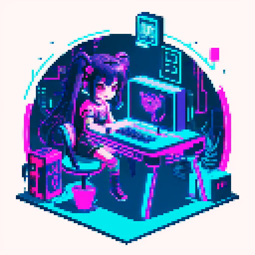 cute girl with a large cyberpunk scorpion tail, the girl is an anime inspired character with vibrant hair, expressive eyes, and a playful smile, the girl is playing computer games, tables with coca cola, bright yellow and cyan and pink lights