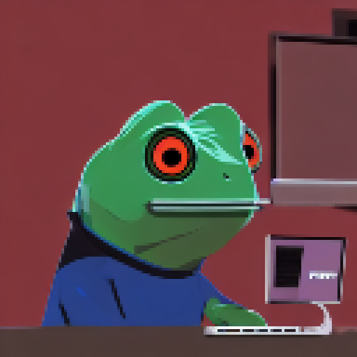 Pepe sits at his sleek, silver computer desk, surrounded by glowing screens and wires, his froggy eyes transfixed on the vibrant digital world before him.