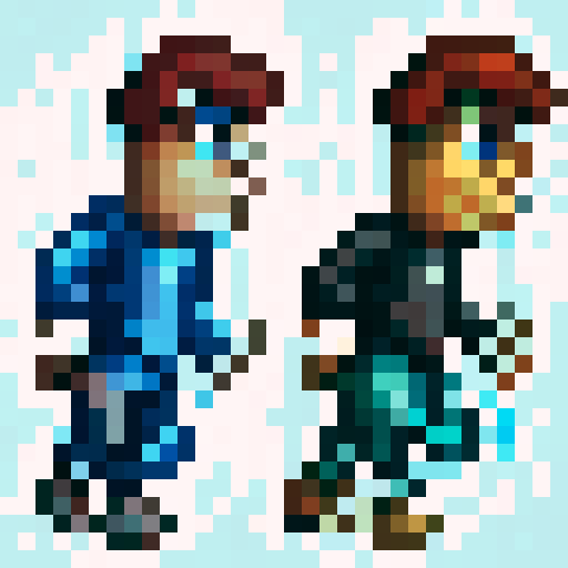 Platformer character, black hoodie and blue jeans, plain white background, determined expression, detailed shading and lighting, skillful game icon, 32x32 pixel art, sRGB