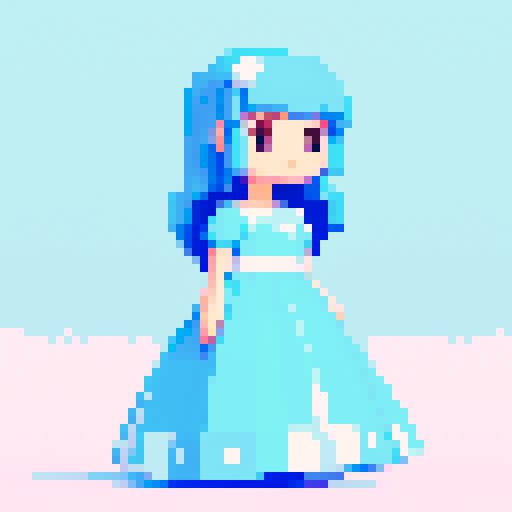 A young lovely girl; full figure picture; wearing light blue and white dress