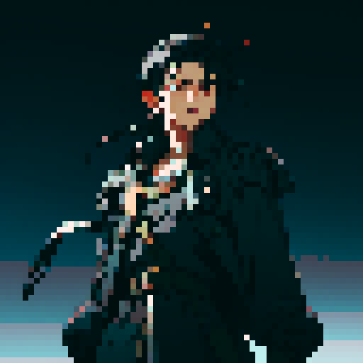 black patchy trench coat, thick boots, long black hair, satchel, male, sRGB, pixel art