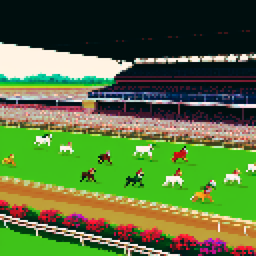 Scene from the Kentucky Derby. Landscape scene of horses and jockeys racing. Colorful. 