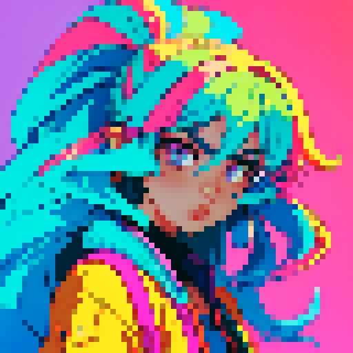 cool long hair guy with vibrant, neon-colored locks, rocking a retro-inspired pixel art hairstyle