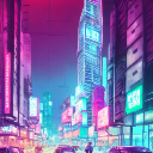 Neon-soaked skyscrapers tower over a bustling street in a cyberpunk metropolis, in a landscape-style artwork.