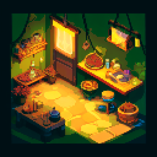 isometric view of a cyberpunk-styled store. Set at night time.
