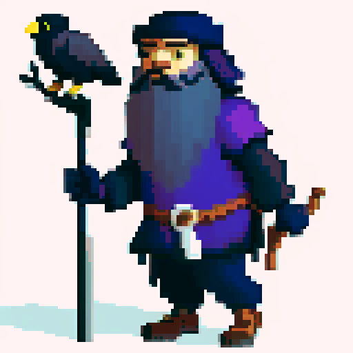 old antropomorphic raven druid with grey beard, with staff in hand