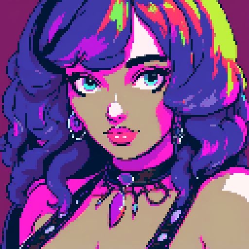 Busty curvy goth babe with studded collar, vibrant neon colors, bold outlines, and a retro sRGB color palette